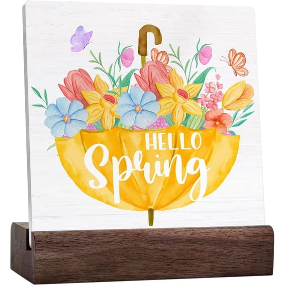 Spring Decor Hello Spring Floral Ceramic Table Sign Home Desk Tabletop Shelf Decor Farmhouse Spring Decorations