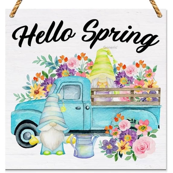 Spring Decor Hello Spring Wooden Sign, Spring Gnome Decorations Wood Plaque Sign Farmhouse Home Decor Wood Sign Wooden Wall Decor 8 * 8 inch