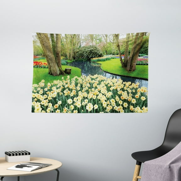 Spring Decor Tapestry, Flower Garden in Recreation Park with Fresh Grass Field and Pond Nature Scene, Wall Hanging for Bedroom Living Room Dorm Decor, 60W X 40L Inches, Green Brown, by Ambesonne