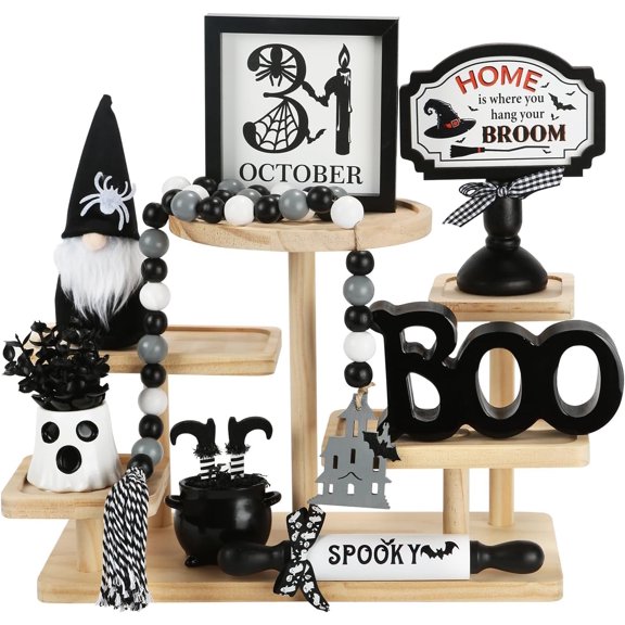 Spring Decorations, 8 Pieces Easter Spring Tiered Tray Decor, Home Office Table Shelf Decor Gifts, Tray Objects Decoration Bundle Bunny Bead Garland Wood Plaques Signs Decorative Ornament Set