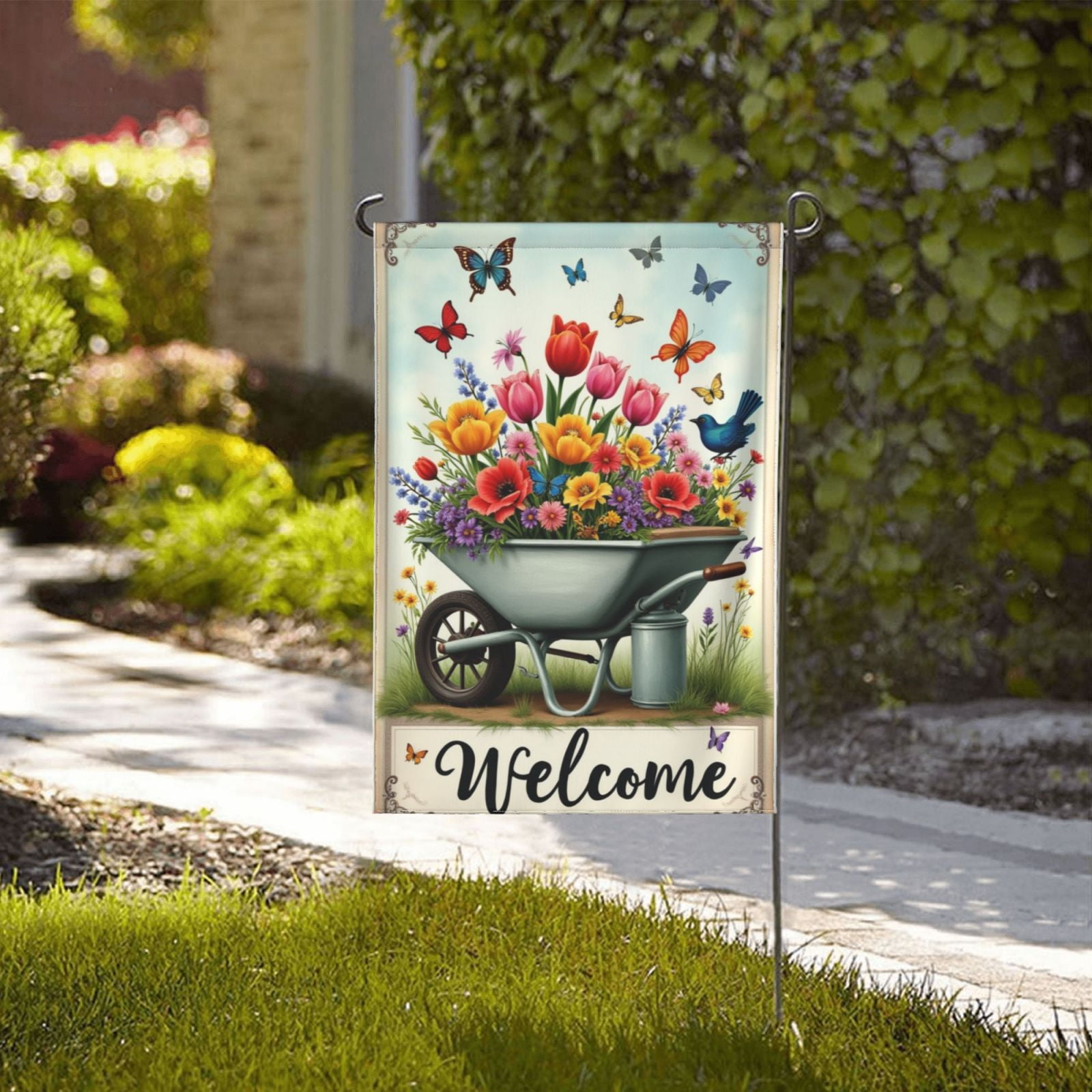 Large Spring Flags Spring Decorations For Home Butterfly Retro Colorful Flowers Spring ...