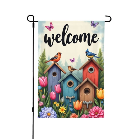 Spring Decorations For Home Colorful Floral Birdhouses Spring Summer Birds Butterfly Spring Summer Garden Flag 12 X 18 Inch Double Sided,Welcome Farmhouse Yard Outdoor Flag