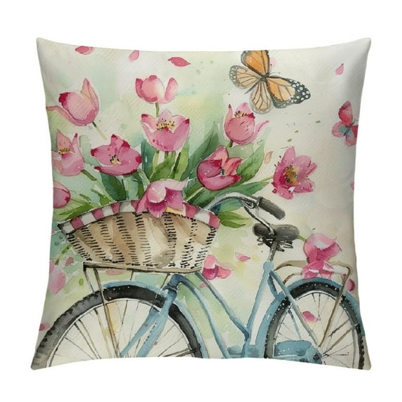 Spring Decorations Pink Tulip Spring Pillow Covers  Butterfly Flowers Bicycle Throw Pillow Case Hello Love Flowers Market Farmhouse Cushion Cover for Home Sofa Couch Multiple specifications&nbsp;