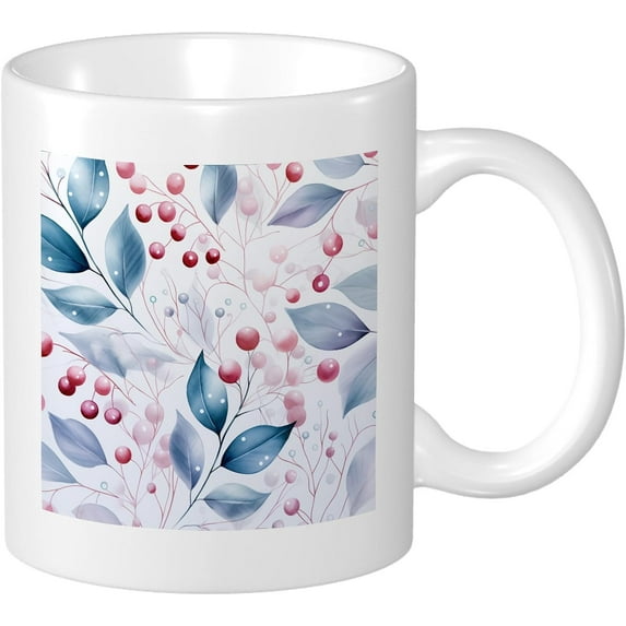 Spring Decorative Mug With Handles Leaves Plants Cottage Graphic Floral Nature Watercolor Blue And Red Ceramic Collection Reusable lnsulated Kitchen School Pantry Coffee Mug Gift Birthday 11 Ounce