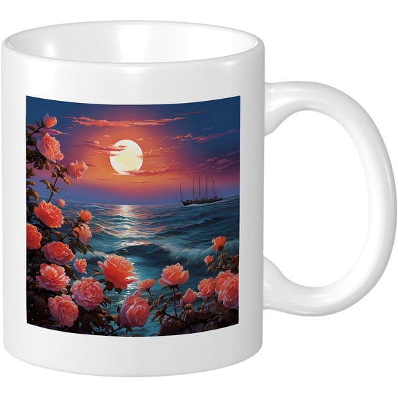 Spring Decorative Mug With Handles Ocean Flowers Rose Ship Cloud Sunlight Nature Pretty Blue And Pink Ceramic Collection lnsulated Reusable Family Kitchen School Coffee Mug Gift Birthday 11 Ounce