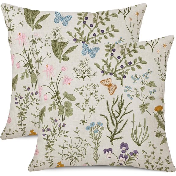 Spring Decorative Pillow Covers 18 x 18 Inch Set of 2 Sage   Flower  Butterfly Square Linen Farmhouse Decor Cushion Covers for Sofa Couch  Room