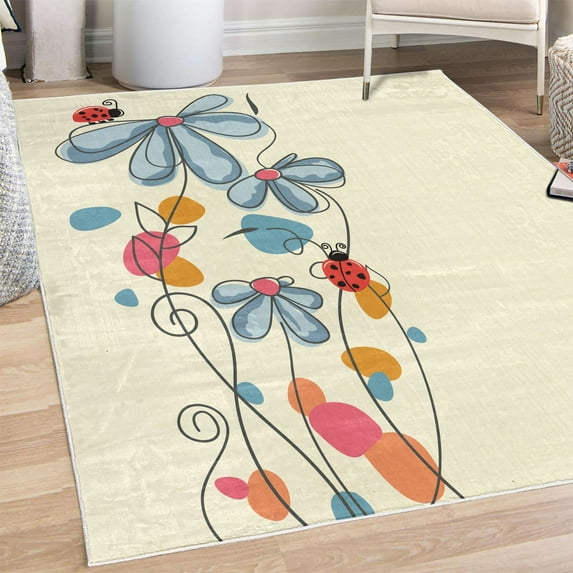 Spring Decorative Rug, Flowers Oval Dome-Shaped Ladybugs Illustration Never Ending Love Story Luck, Quality Carpet for Bedroom Dorm and Living Room, 6 Sizes, Cadet Blue, by Ambesonne