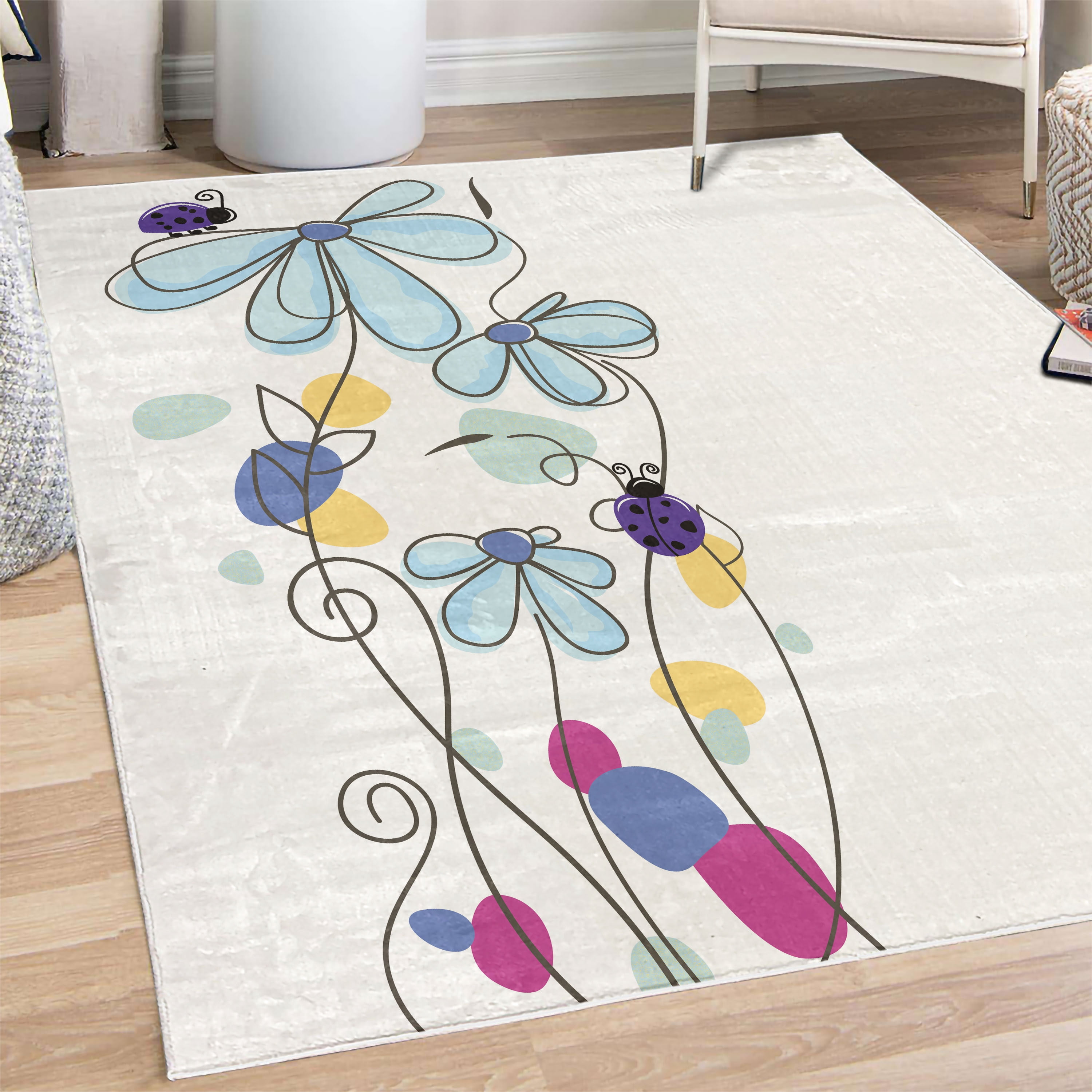 Dome Rug Spring Decorative Rug, Flowers Oval Dome-Shaped Ladybugs Illustration ...