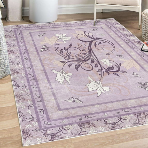 Spring Decorative Rug, Swirling Floral Look Design of Blossoming Flowers and Flying Butterflies, Quality Carpet for Bedroom Dorm and Living Room, 6 Sizes, Lilac and Dark Purple, by Ambesonne