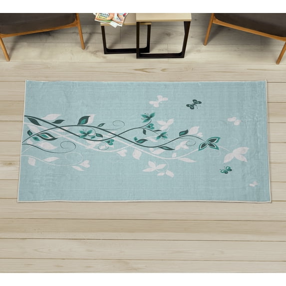 Spring Decorative Rug, Tree Swirling Persian Lilac Blooms with Butterfly Ornamental Plant Graphic, Quality Carpet for Bedroom Dorm and Living Room, 6 Sizes, Pale Blue, by Ambesonne