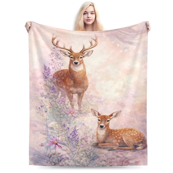 Spring Deer Floral Blanket Watercolor Wildlife Throw Soft Fleece for Easter Mothers Day Home Decor Gift for Nature Lovers 50x40