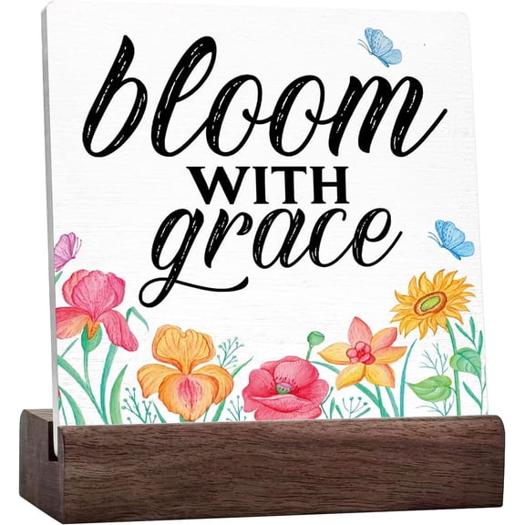 Spring Desk Decor,Bloom With Grace Spring Quotes Ceramic Desk Plaque Sign For Home Farmhouse Garden Desk Shelf Table Decoration,Spring Table Decor Ceramic Desk Sign