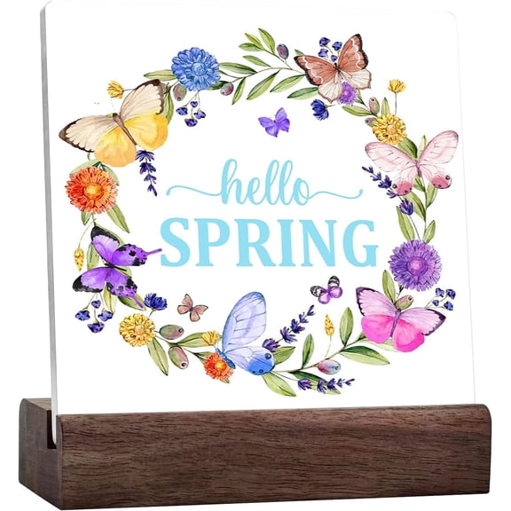 Spring Desk Decor,Hello Spring Ceramic Desk Sign,Spring Desk Decor,Funny Spring Butterfly Wreath Sign For Farmhouse Home Garden Shelf Office Desk Tabletop Decorations