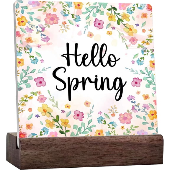 Spring Desk Decor,Hello Spring Ceramic Desk Sign,Spring Desk Decor,Funny Spring Quote Floral Plaque Sign For Farmhouse Home Garden Shelf Office Desk Tabletop Decorations