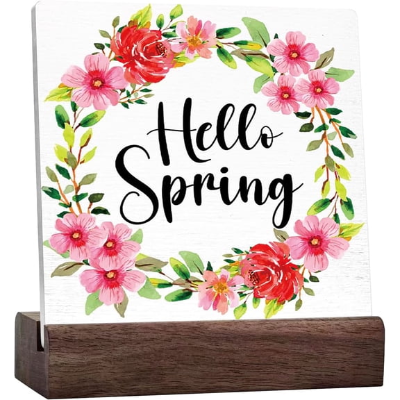 Spring Desk Decor,Hello Spring Wreath Ceramic Table Plaque Sign For Home Office Farmhouse Garden Desk Shelf Table Decoration,Spring Table Decor Ceramic Table Sign