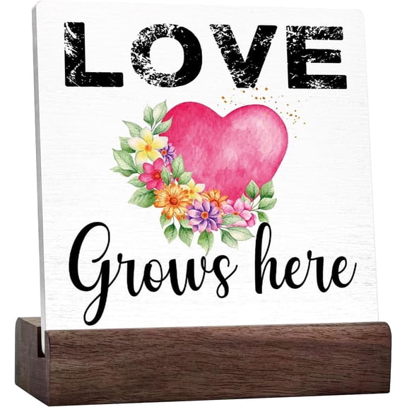 Spring Desk Decor,Love Grows Here Vintage Wood Block Plaque Ceramic Desk Sign for Home Farmhouse Bedroom Living Room Desk Table Decor,Sweet Gifts for Women Friend Couple