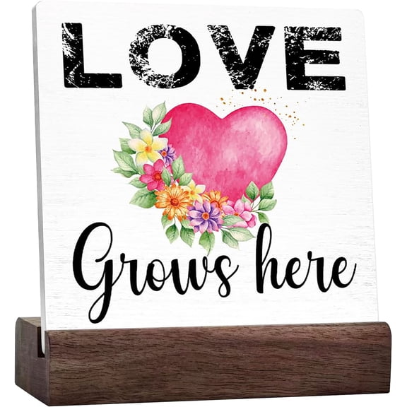 Spring Desk Decor,Love Grows Here Vintage Ceramic Table Plaque Sign For Home Farmhouse Bedroom Living Room Desk Table Decor,Sweet Gifts For Women Friend Couple