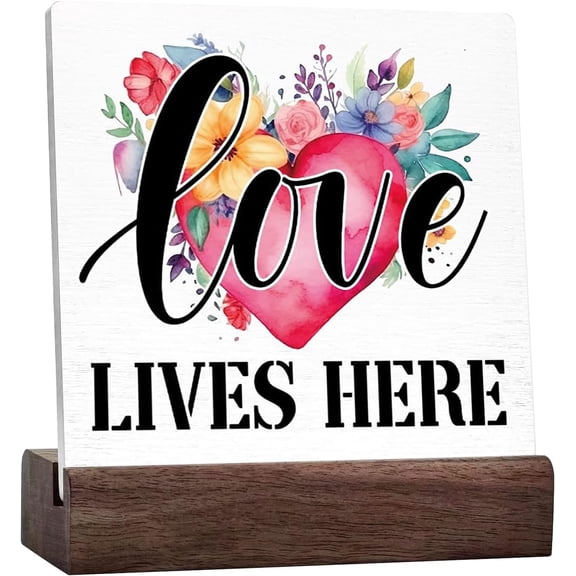 Spring Desk Decor,Love Lives Here Vintage Wood Block Plaque Ceramic Desk Sign for Home Farmhouse Bedroom Living Room Desk Table Decor,Wedding and Anniversary Decoration