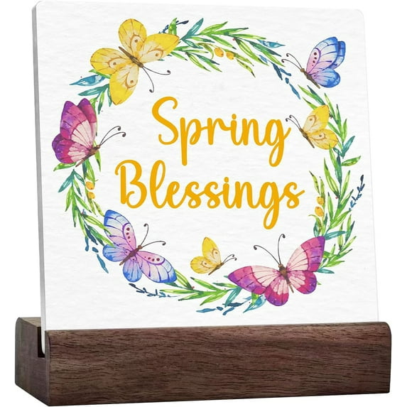 Spring Desk Decor,Spring Blessings Ceramic Desk Sign,Funny Spring Plaque Desk Decor,Rustic Spring Butterfly Wreath Plaque Sign For Farmhouse Home Garden Shelf Office Tabletop Decorations