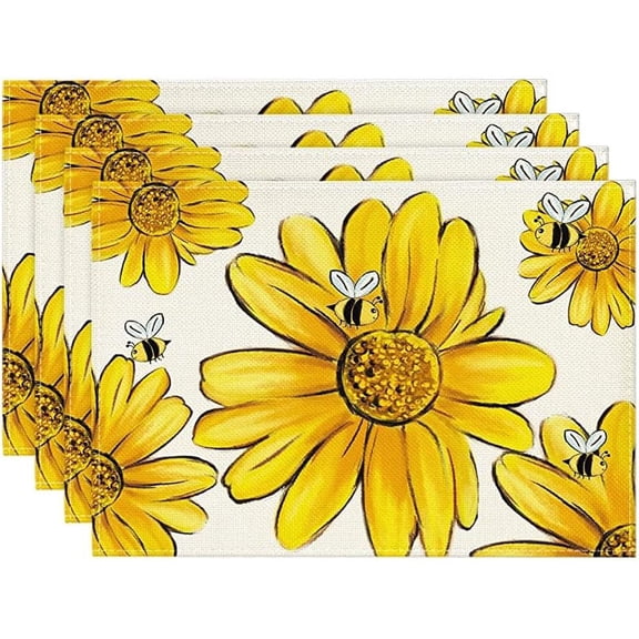 Spring Dining Table Placemats, 18 x 12 inch Flax Table Mats with Bee and Sunflower Design Set of 4 for Picnic Table Decor