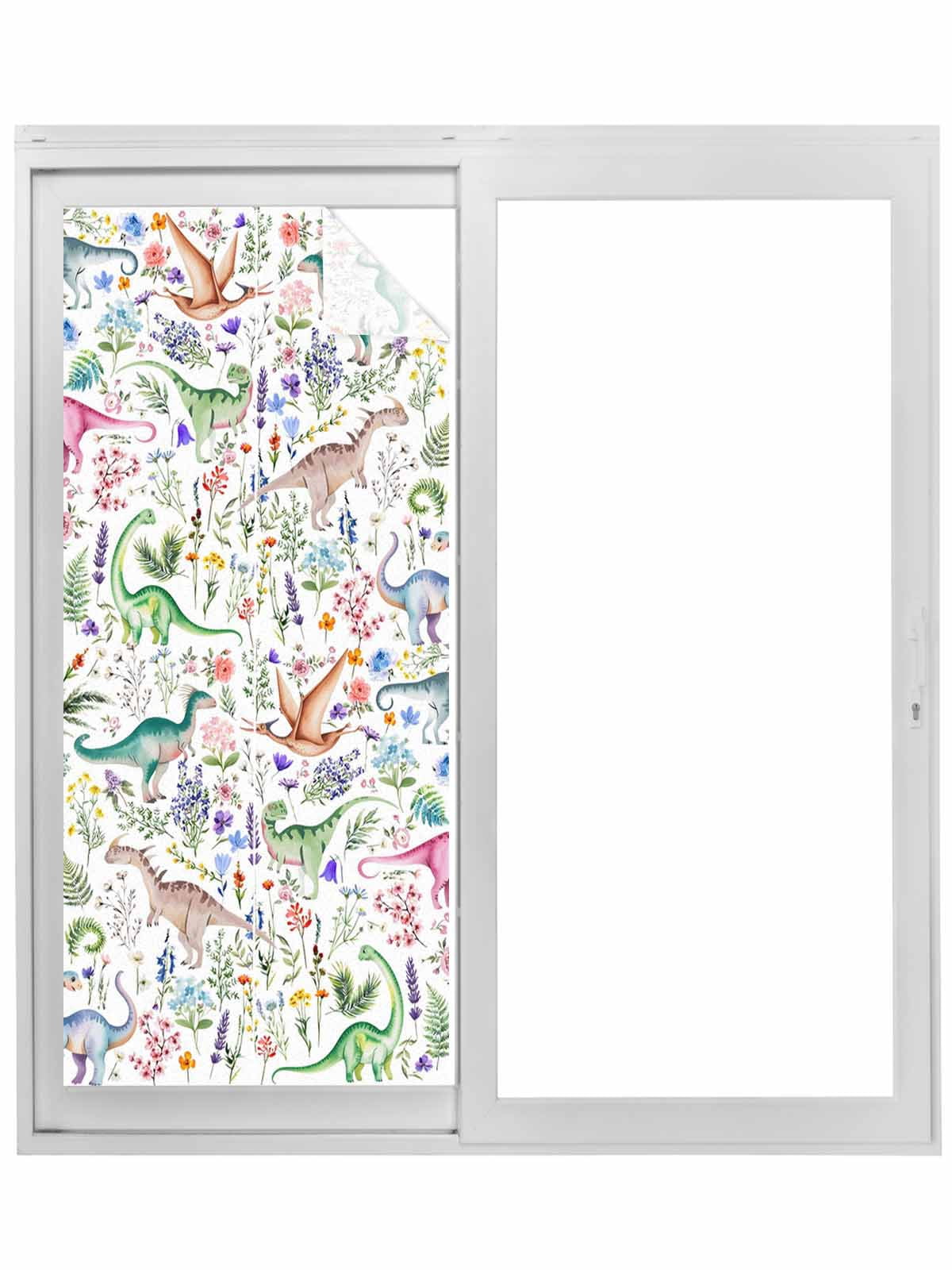 Spring Dinosaurs Window Privacy Film, Farmhouse Botanical Floral Watercolor Static Cling UV Sun Blocking Tint Film Heat Control Windows Films for Bedroom Bathroom, Window Stickers 23.6"x59"