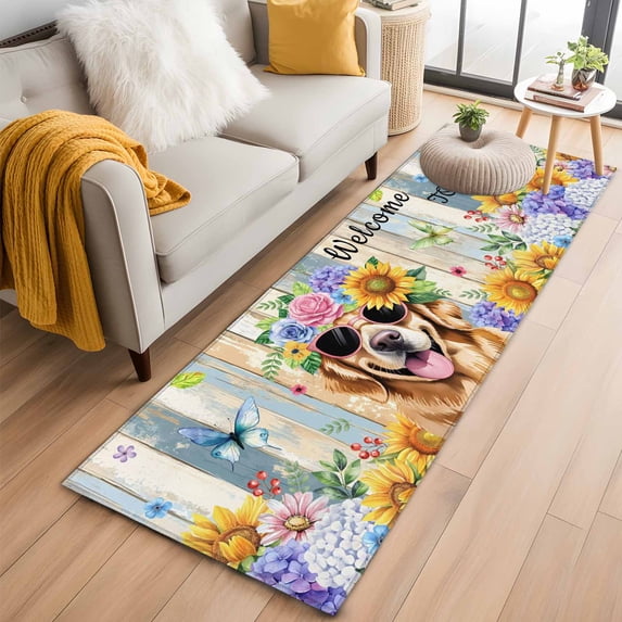 Spring Dog 2'x6' Runner Rugs for Hallway Kitchen Bedside Non Slip Washable, Retro Watercolor Botanical Floral Sunflower Entryway Rug Runners with Rubber Backing, Long Carpet Runner for Laundry Room