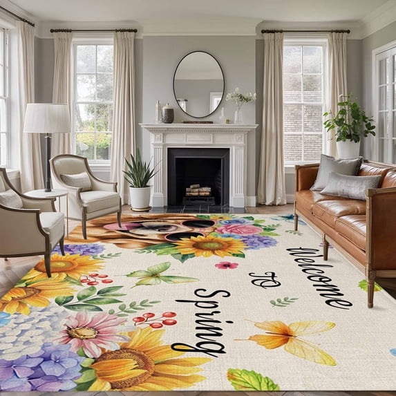 Spring Dog 5'x7' Area Rug, Rustic Watercolor Botanical Floral Sunflower Washable Non-Slip Soft Rugs, Low-Pile Large Carpet for Living Room Bedroom Dining Room, Non-Shedding Accent Rug