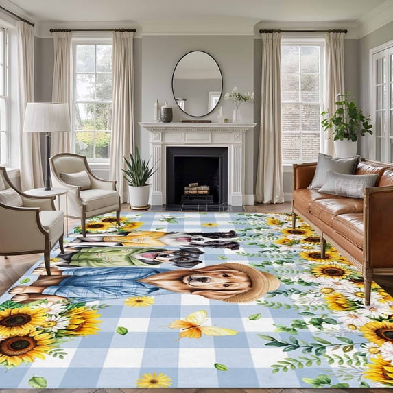 Spring Dog Area Rug 5x8 Washable Rug Non Slip Sunflower Daisy Botanical Blue Plaid Large Area Rug Soft Stainresistant Indoor Floor Carpet for Living Room Bedroom Home Office Dining Room Nursery