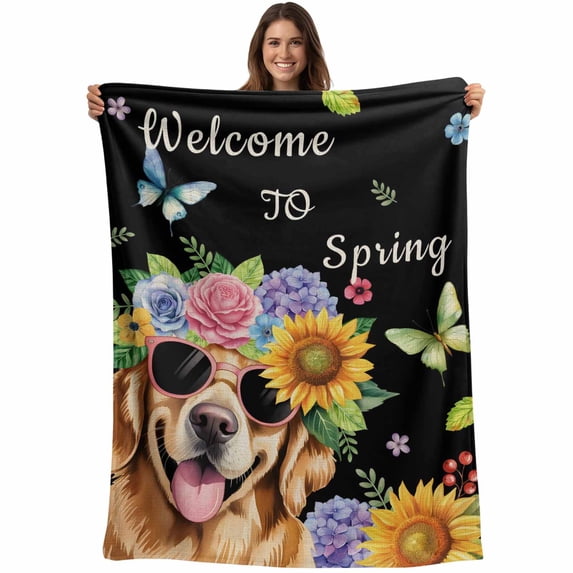 Spring Dog Blanket Soft Cozy Warm Throw Blanket for Couch, Plush Fuzzy Flannel Fleece Blankets for Sofa, Black Watercolor Botanical Floral Sunflower Bed Blankets Lightweight Gifts for Women, 40"x60"