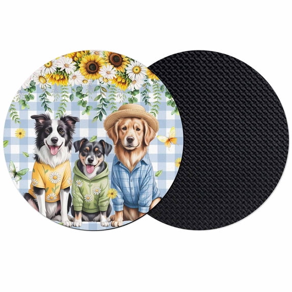 Spring Dog Coasters Set of 2, Absorbent Coasters for Drinks, Sunflower Daisy Botanical Blue Plaid Coaster for Desk Coffee Table Protection, Home Decor House Warming Gifts 4"