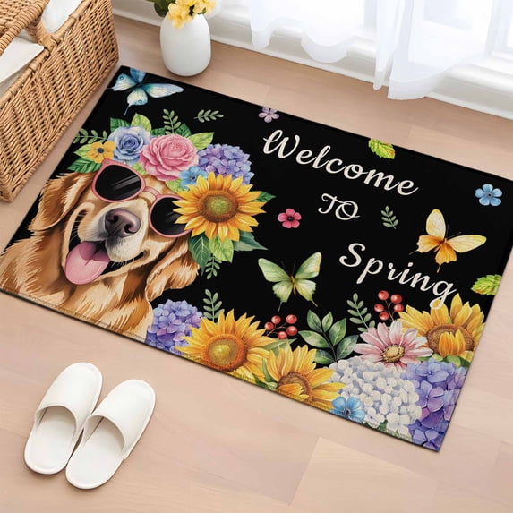 Spring Dog Entryway Rug 2'x3' Non Slip Front Door Mats, Black Watercolor Botanical Floral Sunflower Entrance Rugs Indoor Outdoor Carpet, Washable Floor Mats Small Area Rug for Bedroom Kitchen