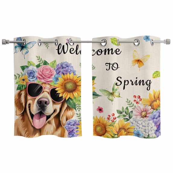 Spring Dog Kitchen Curtains Window Panels, Rustic Watercolor Botanical Floral Sunflower Insulated Window Treatment Curtain, Grommet Curtains for Bedroom/Living Room/Bathroom, 2 Piece 27.5"Wx39"L