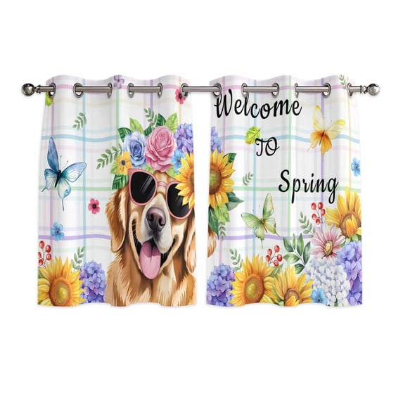 Spring Dog Kitchen Curtains Window Panels, Vintage Watercolor Botanical Floral Sunflower Insulated Window Treatment Curtain, Grommet Curtains for Bedroom/Living Room/Bathroom, 2 Piece 42"Wx54"L