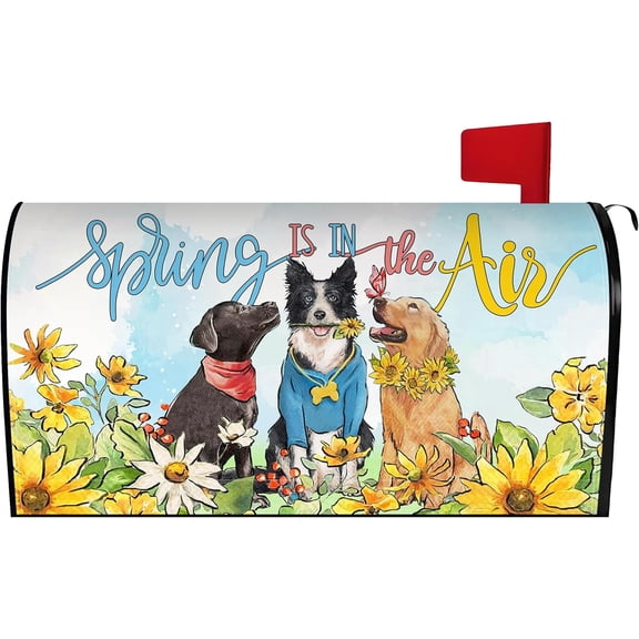 Spring Dog Mailbox Cover 21x18 Inch, Spring is in The Air Post Letter Box Covers, Spring Seasonal Holiday Magnetic Waterproof Mail Wraps for Outdoor Yard Garden Standard Mailbox Decor