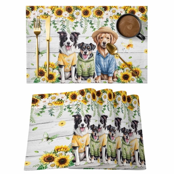 Spring Dog Placemats Set of 12 Sunflower Daisy Botanical Vintage Place Mats Indoor Wipeable Table Mats Washable Cloth Dining Table Placemats for Kitchen Holiday Party Home Decor 13x19 Inch