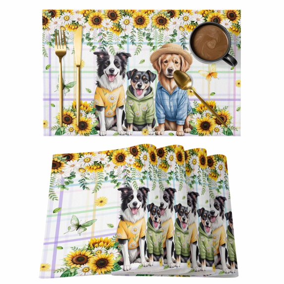 Spring Dog Placemats Set of 4, Sunflower Daisy Botanical Watercolor Placemats for Dining Table, Place Mats for Kitchen Tabletop, Waterproof Wipeable Dining Table Mats Set