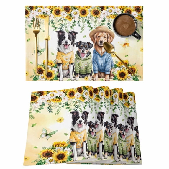 Spring Dog Placemats Set of 4, Sunflower Daisy Botanical Yellow Ombre Placemats for Dining Table, Place Mats for Kitchen Tabletop, Waterproof Wipeable Dining Table Mats Set