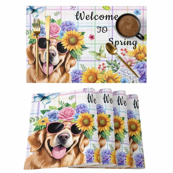 Spring Dog Placemats Set of 4, Vintage Watercolor Botanical Floral Sunflower Placemats for Dining Table, Place Mats for Kitchen Tabletop, Waterproof Wipeable Dining Table Mats Set