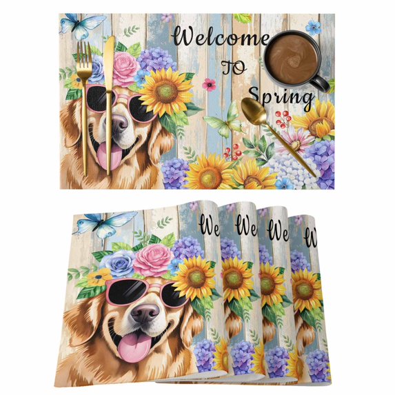 Spring Dog Placemats Set of 6, Retro Watercolor Botanical Floral Sunflower Placemats for Dining Table, Place Mats for Kitchen Tabletop, Waterproof Wipeable Dining Table Mats Set