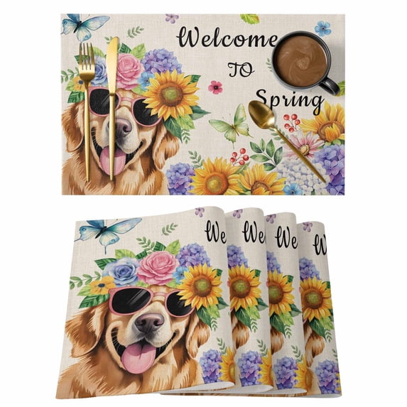 Spring Dog Placemats Set of 6, Rustic Watercolor Botanical Floral Sunflower Placemats for Dining Table, Place Mats for Kitchen Tabletop, Waterproof Wipeable Dining Table Mats Set