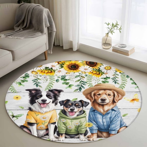 Spring Dog Round Area Rug 4ft, Sunflower Daisy Botanical Vintage Washable Non-Slip Circle Rugs for Bedroom Living Room Kitchen, Soft Non Shedding Circle Carpet for Dining Room Dorm
