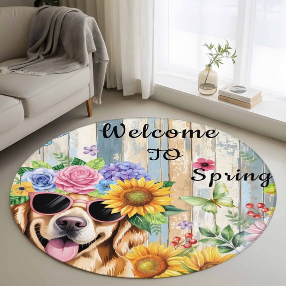 Spring Dog Round Rug 3.3ft Washable Circle Entryway Rugs Non Slip Retro Watercolor Botanical Floral Sunflower Area Rug Indoor Floor Carpet for Bedroom Kitchen Living Room Home Office Dining Room