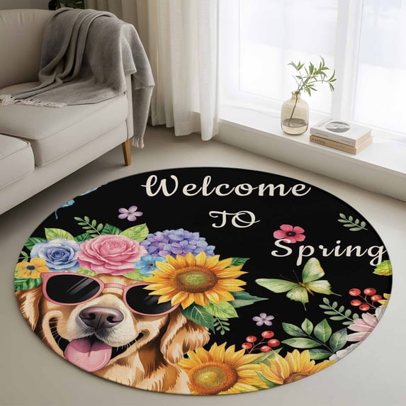 Spring Dog Round Rug 4ft Washable Circle Entryway Rugs Non Slip Black Watercolor Botanical Floral Sunflower Area Rug Indoor Floor Carpet for Bedroom Kitchen Living Room Home Office Dining Room