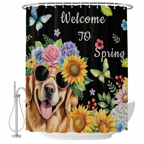 Spring Dog Shower Curtain Set - Long 72" x 84" Washable Bathtub Curtain with 12 Hooks, Black Watercolor Botanical Floral Sunflower Waterproof Fabric Stall Shower Curtains for Bathroom/Bathtub Décor