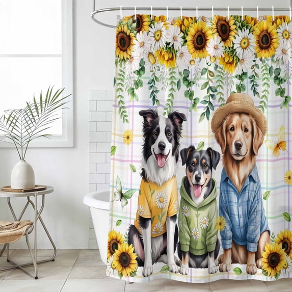 Spring Dog Shower Curtain Set, Waterproof Shower Curtains for Bathroom, Sunflower Daisy Botanical Watercolor Washable Fabric Cloth Bath Curtain for Bathtub Decoration with Hooks 72x78 Inches