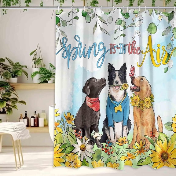 Spring Dog Shower Curtain, Spring is in The Air Curtains for Bathroom, Spring Farmhouse Holiday Bathroom Home Decor, Waterproof Fabric with Hooks 72X72 Inch
