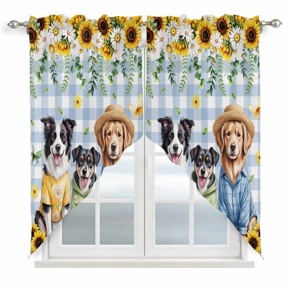 Spring Dog Swag Curtains for Kitchen/Bedroom/Living Room, Sunflower Daisy Botanical Blue Plaid Scalloped Curtains 63 Inch Long, Rod Pocket Window Swag Topper Curtains Valances 2 Panels Set 36"x63"
