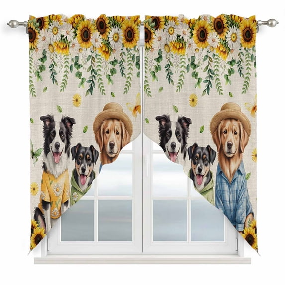 Spring Dog Swag Valances for Windows, Kitchen Window Curtains Over Sink, Sunflower Daisy Botanical Rustic Window Treatment Curtains for Living Room/Bedroom Curtains 2 Panel Sets 36"x45"