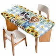 thumbnail image 1 of Spring Dog Table Cloths for 4 Foot Rectangle Tables, Sunflower Daisy Botanical Blue Plaid Patio Waterproof Elastic Fitted Tablecloths, Washable Rectangular Table Cover for Camping, 1 of 8