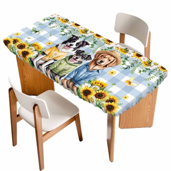 Spring Dog Table Cloths for 4 Foot Rectangle Tables, Sunflower Daisy Botanical Blue Plaid Patio Waterproof Elastic Fitted Tablecloths, Washable Rectangular Table Cover for Camping